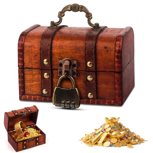 LjFrexia Vintage Holz Schatztruhe Klein, Braun Schatzkiste mit Zahlenschloss, Piratenschatztruhe, Retro Holztruhe für Aufbewahrung, Kinder Lagerung Schmuckkästchen für Aufbewahrung und Dekoration