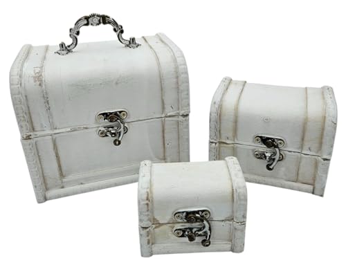 Meinposten Vintage Holztruhen Set, 3 Stück, Deko-Schatzkisten mit Metallscharnier, 15/11/8 cm (Weiß)