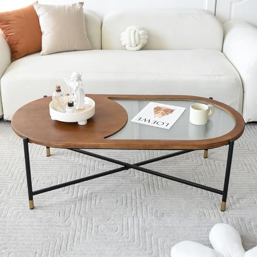 Zouron Couchtisch Holz Beistelltisch Oval mit Glas Vintage Wohnzimmertisch Braun 120x60x40cm Groß Coffee Table Aus Kiefer Ovaltisch Wohnzimmer