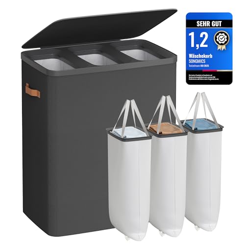 SONGMICS Wäschekorb, 190 L Wäschesammler 3 Fächer, Wäschesortierer, leichter Aufbau, mit Deckel und Griffen, herausnehmbarer Wäschesack, 64 x 40 x 75 cm, tintenschwarz LCB814BH01