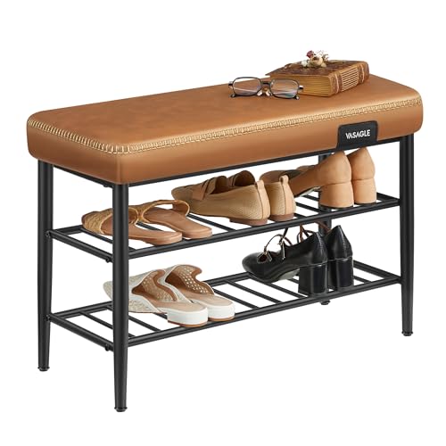 VASAGLE EKHO Kollektion - Schuhbank, Sitzbank, Sitztruhe, Eingangsbereich, Kunstleder, Nähte, Mid-Century-Modern-Stil, modern, bis 135 kg belastbar, 30 x 80 x 50 cm, karamellbraun LSB054K01