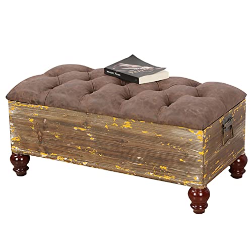 LDTTYRC Vintage Holz Aufbewahrung Ottomane Bank,Farmhouse Flip Top Aufbewahrung Bank Truhe Mit Ledersitz,Eingangstür Schuhbank Bett Ende Hocker Wohnzimmer Sofa Fußstütze-A 80x40x37cm(31x16x15inch)