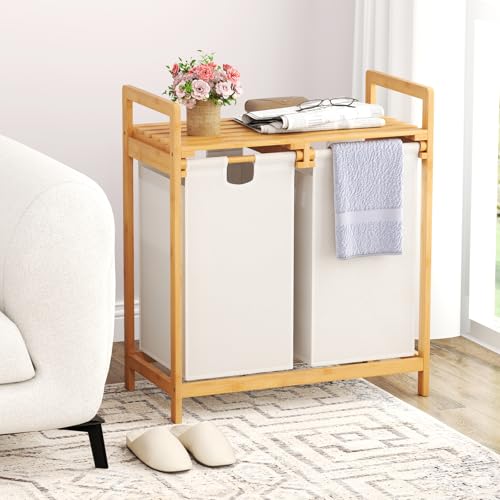 GIANTEX Wäschekorb 2 Fächer, Wäschesammler mit Ablage, Freistendes Baderegal aus Bambus, Wäschetruhe Wäschesortierer für Bad 64 x 33 x 73cm (Weiß)