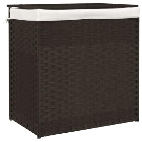 vidaXL Wäschekorb, Wäschesammler mit 2 Fächern, Klappbar Wäschebox mit Innentasche Deckel, Wäschetruhe Wäschetonne, Dunkelbraun 53x35x57cm Poly Rattan
