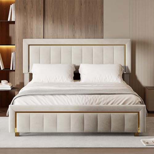 Bettkastenbett 160x200 cm,Polsterbett Doppelbett,gepolstertes Bett mit hydraulischem System und Truhe, Doppelbett mit Stauraum,Funktionsbett mit Kopfteil und Lattenrost (schmutziges Weiß+Flanell A)