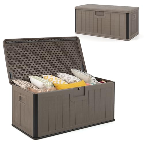 HOMASIS 378L Auflagenbox mit Rollen, XXL Gartenbox aus HDPE wetterfest, abschließbar Aufbewahrungsbox mit Deckel, Kissenbox Kissentruhe Auflagentruhe Gartentruhe, 130 x 64 x 59 cm (Braun)