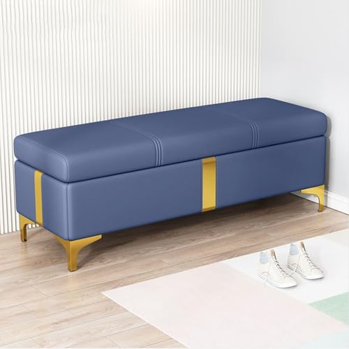 Große Sitzbank mit Stauraum für Schlafzimmer, gepolsterter Fußhocker, Ottomane mit Hebebügel, dunkelblaue Ledertruhe, stilvolles Ende des Bettes mit goldfarbenen Beinen (70 cm)