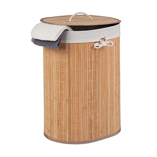 Relaxdays Wäschekorb Bambus, oval, 46 l, faltbar, Wäschesammler mit Deckel, Bad & Schlafzimmer, HBT: 55x42x32cm, Natur