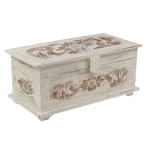 Oriental Galerie Truhe Holzkiste Holztruhe Schatztruhe Kiste Box Palmenholz Holzbox Blumen Schnitzereien Shabby Used Look Weiß Groß 60 cm Design 2