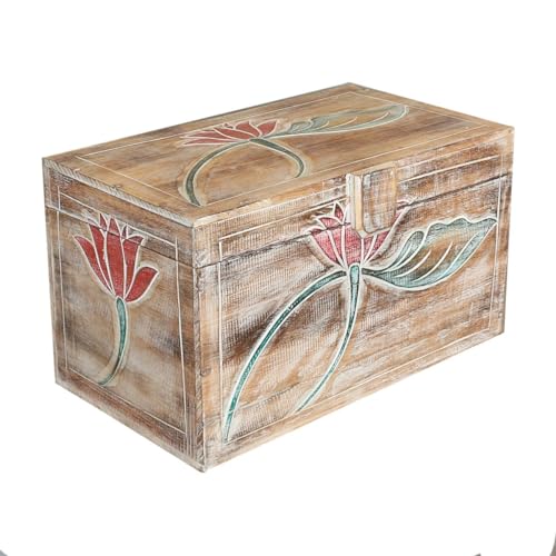 Oriental Galerie Truhe Holzkiste Holztruhe Schatztruhe Kiste Box Palmenholz Holzbox Blumen Schnitzereien Shabby Used Look Modell Baris Groß 60 cm