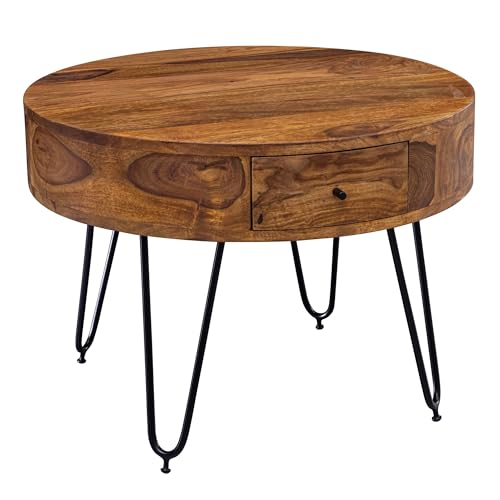FineBuy Couchtisch Sheesham Massivholz rund Ø 60 cm – Wohnzimmertisch mit Schublade & schwarzen Hairpin Beinen, Retro Design Holztisch handgefertigt Braun