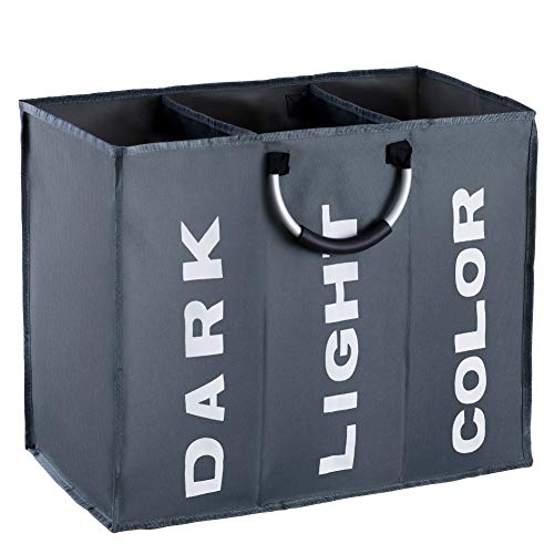 IHOMAGIC Wäschesortierer 3 Fächer, Faltbarer Wäschekorb Sortierer, Hell Dunkel Wäschesammler, 3 Fach Braun Kinderzimmer Kinder Wäschebox, Wäschesack Wäschetasche Groß, 90L, 60x32x49cm, Dunkelgrau