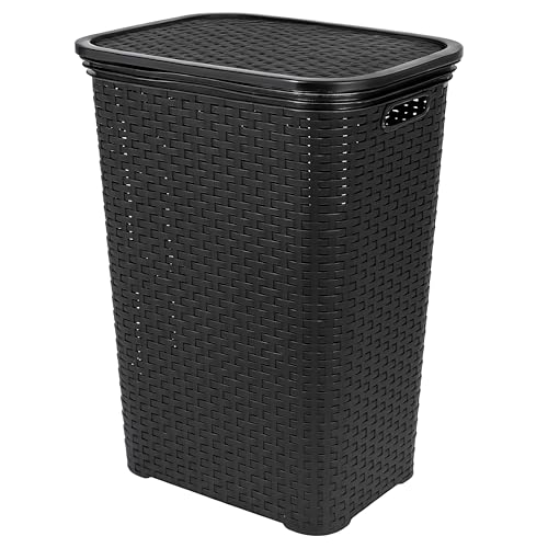 HRB Wäschekorb mit Deckel Rattan 65 Liter, Wäscheaufbewahrung aus Kunststoff, Wäsche Sortierer (Schwarz)