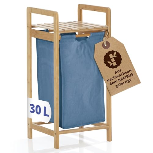 Lumaland Bambus Wäschekorb | Wäschesammler mit ausziehbarem Wäschesack | nachwachsender Bambus | Holz Wäschebox schmal, klein | Wäschetruhe mit Ablage | Schmutzwäschebehälter blau