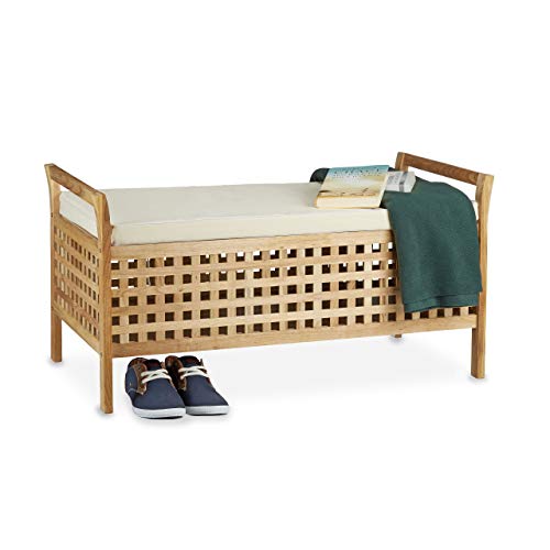 Relaxdays Sitzbank Walnuss mit Stauraum HBT: 46,5 x 92,6 x 49,0 cm Schuhtruhe aus Holz Sitzkommode mit Auflage aus Leinen, Dielenmöbel Truhenbank, natur weiß