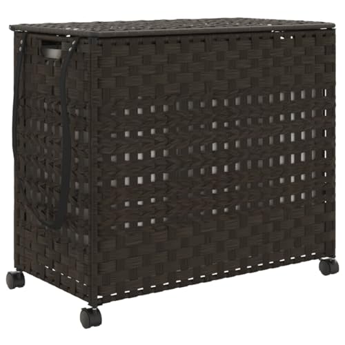 vidaXL Wäschekorb, Wäschesammler mit Rollen Deckel, Klappbar Wäschebox mit 3 Fächern Innentasche, Wäschetruhe Wäschetonne, Dunkelbraun 66x35x60cm Rattan