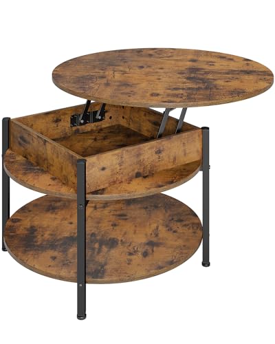 Couchtisch Rund, Höhenverstellbarer Couchtisch, Wohnzimmertisch mit Verstecktem Stauraum, Couch Tisch, Runder Couchtisch, Kaffeetisch, Couchtisch Holz mit Offenem Fach, für Wohnzimmer, Büro, Braun
