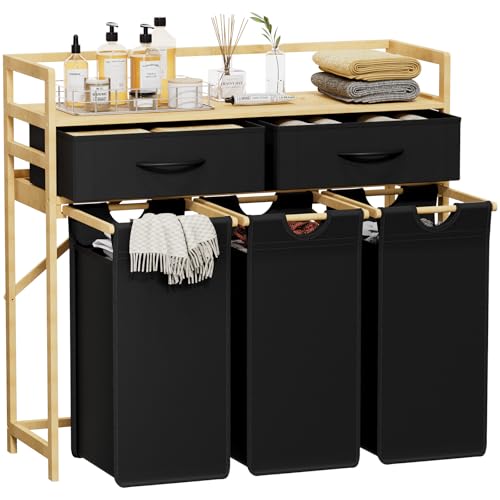Lifewit Wäschekorb 3 Fächer, 150L Wäschesammler mit Ablage und 2 Schubladen, Wäschesortierer, Wäsche Sortiersystem, Wäschetonne, Wäschetruhe mit Abnehmbarer Wäschesack, Schwarz