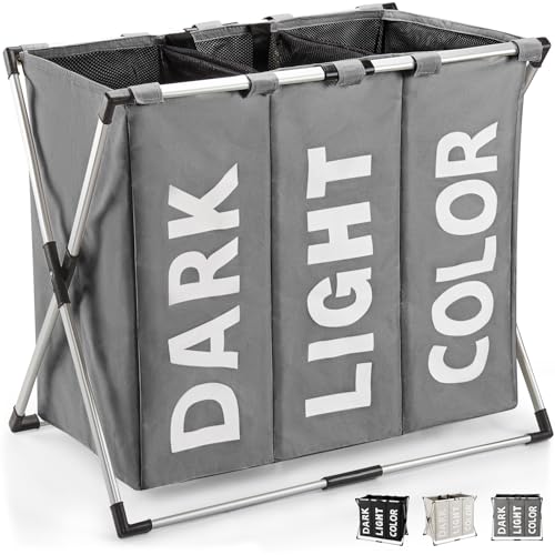 Virklyee Wäschesortierer 3 Fächern Oxford Wäschekorb Sortierer 100L Wäschesammler 600D Oxford-Stoff Faltbar Abnehmbar mit Griff Kleidung Organisieren Wäschekammer Balkon Schlafzimmer(Grau)