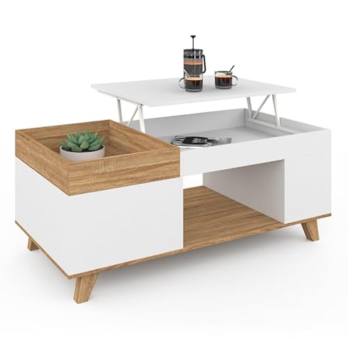 IDMarket - Rechteckiger Couchtisch, hochklappbare Platte und abnehmbare Platte mit Truhe Lola, Holz und Weiß