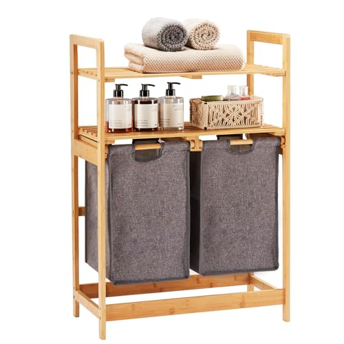 YOUDENOVA Wäschekorb aus Bambus-Gestell,Wäschesam mler mit 2 Ablagen mit 2 Ausziehbaren Wäschesäcken für Schlafzimmer Bad oder Waschküche 93x64x33cm Grau