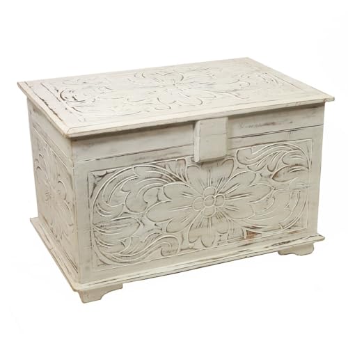 Oriental Galerie Truhe Holzkiste Holztruhe Schatztruhe Kiste Box Palmenholz Holzbox Blumen Schnitzereien Shabby Used Look Weiß Groß 60 cm