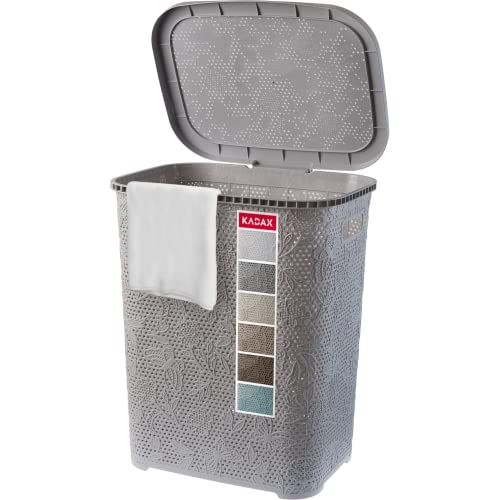 KADAX Wäschekorb, Wäschetruhe mit Deckel aus Kunststoff, Wäschesammler, Wäschesortierer für Bad, Kleidung, Spielzeug, Verzierungen, durchbrochenes Muster, 55l, leicht (grau)