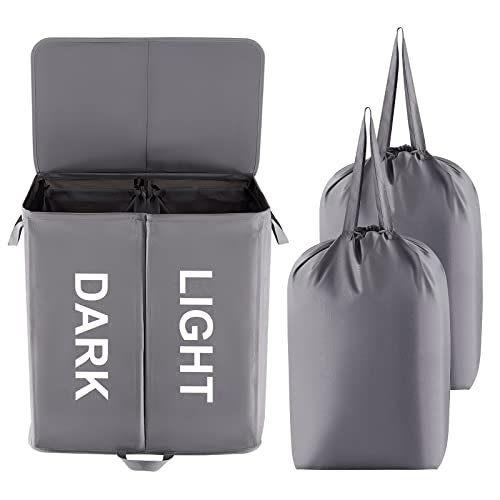 Lifewit 136L Doppelter Wäschekorb mit Deckel und herausnehmbaren Wäschesäcken, großer geteilter Wäschekorb, zusammenklappbarer Wäschekorb mit Griffen für Schlafzimmer, Badezimmer, Waschküche, Grau