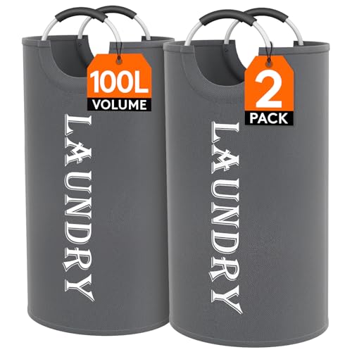 Lifewit 2 Set Faltbarer Wäschekorb 100L, Tragbarer Wäschesammler mit Aluminiumgriff Oxford Stoff Wäschesack Aufbewahrung für Kleidung/Badetuch/Bettbez ug Schlafzimmer Badezimmer Waschraum, Grau