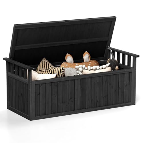 COSTWAY Gartenbox Holz, 209 L Auflagenbox mit Armlehnen & Deckel & Griff, 2-Sitzer Bank, Gartenbank mit Stauraum, Aufbewharungsbox Outdoor, für Garten Terrasse, 128 x 58 x 53 cm (Schwarz)