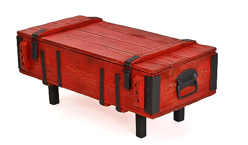 Rot Handmade Truhen-Couchtisch, Truhentisch, Rustikaler Beistelltisch aus Holz, Antiker Ausziehbarer Tisch mit Stauraum und Deckel, Kaffeetisch