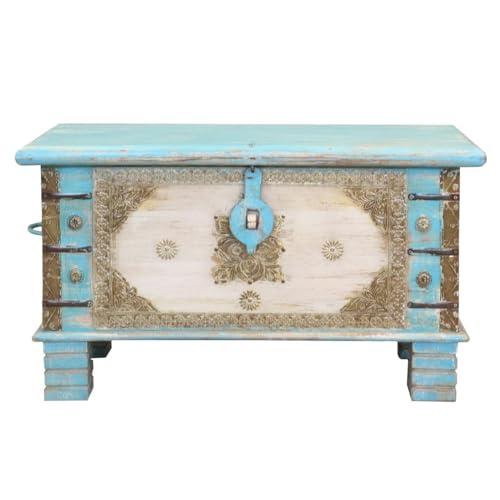 Oriental Galerie Shabby Chic Holztruhe mit Messingbeschlag Schatztruhe Truhe Kiste Box Holz Indien Massiv Antik-Optik Weiß Türkis 80 cm