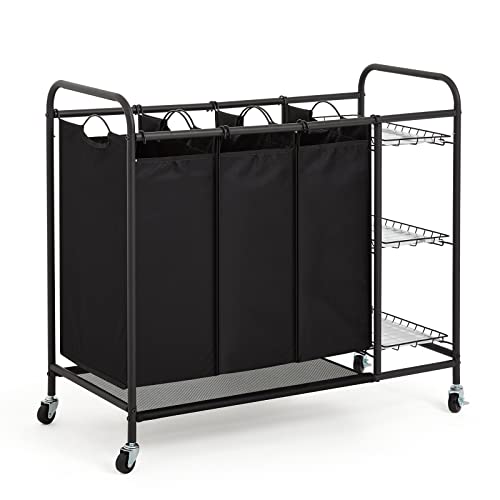 Meerveil Wäschesortierer 3 Fächer Wäschekorb mit Regalen Wäschesammler mit Abnehmbaren Stofftaschen Wäschebehälter auf Rollen Schwarz