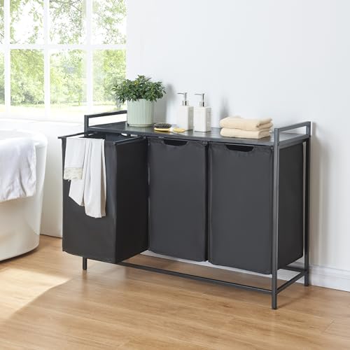 [en.casa] Wäschesammler Saltvik Wäschesortierer mit 3 Fächern 45 L Wäschekorb Wäschesack Wäschetrenner mit Ablage Wäschetonne Metallgestell Schwarz
