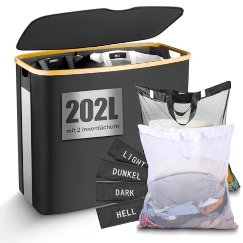 202L Wäschekorb mit Deckel, Faltbarer Wäschekorb aus Bambus 2 Fächer mit Tragegriff, Wäschesammler mit 2x Herausnehmbaren Wäschesäcke Laundry Basket für die Familie (Schwarz, 202L)