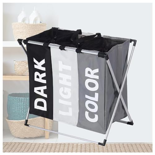 Wäschekorb Schmal 3 Fächer, Wäschebox 102L Oxford-Tuch Faltbare Abnehmbare Wäschekorb, Wäschesortierer 3 Fächer Wäschekorb Mit Ablage Klassifizierung Hell/Dunkel/Gefärbt,C