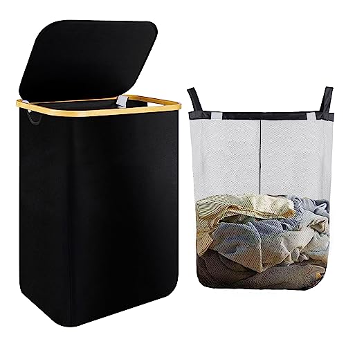 Greentainer Wäschekorb mit Deckel 70L Wäschesammler mit Wäschesack aus Oxford und Bambus, Groß Wäschebox mit Henkel Schwarz- ausziehbar & abnehmbar Laundry baskets Wäschetruhe Wäschetonne