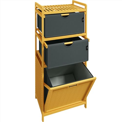 AdelDream Wäschekorb Bambus Wäschekörbe 3 Fächer Wäschesammler für Schmutzwäsche Lagerung für Gegenstände Wäschebox laundry baskets Wäschesortierer Grau