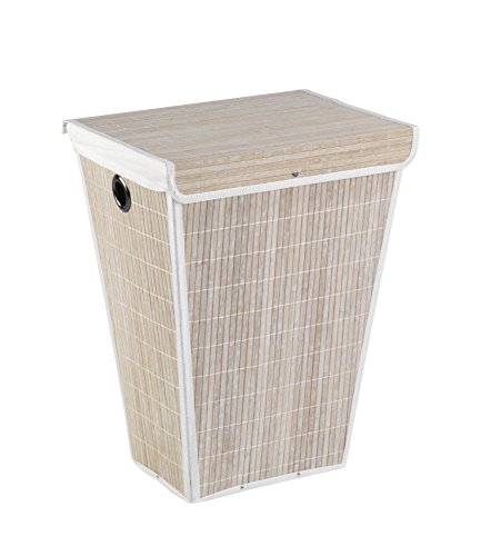 WENKO 22100100 Wäschetruhe Bamboo Weiß - konischer Wäschekorb, mit Wäschesack, Bambus, 45 x 60 x 33 cm