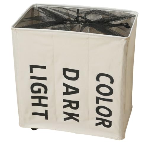 Wäschekorb mit Rollen – Wäschesortierer mit 3 Fächern mit Deckel und Rollen – Waschküchen-Organizer – schmutziger Wäschekorb – Weiß