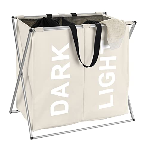 WENKO Wäschesammler Duo Beige, stabiler Wäschekorb mit Deckel und praktischen Tragegriffen, viel Stauraum mit 120 l und zwei Fächern, (B x H x T): 59 x 57 x 38 cm, moderne Aufschriften  Dark ,  Light 