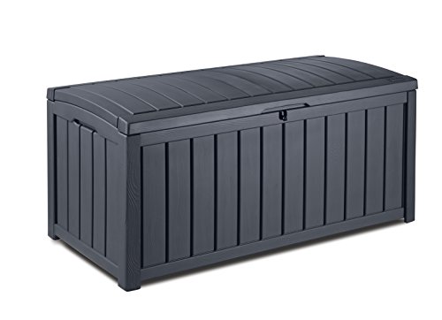 Keter Glenwood Kissenbox, Auflagenbox, 390 Liter Volumen, Wasserdicht, Graphit, Holzoptik, Sitzbank für 2 Erwachsene,128x65x61cm, Gartenbox