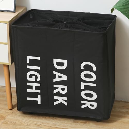 Wäschekorb mit Rollen – Wäschesortierer mit 3 Fächern mit Deckel und Rollen – Waschküche Organizer – schmutziger Wäschekorb – Schwarz