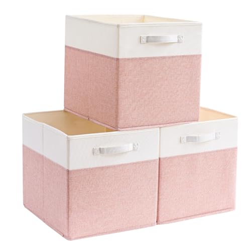 Mangata Aufbewahrungsbox 25x25x25 cm, faltenfrei Stoff Aufbewahrungskörbe für Kleiderkörbe, Körbe, Truhen, Spielzeug (3 er, Rosa/Beige Weiß)