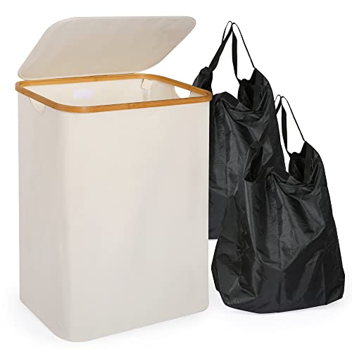Edaygo Wäschekorb Faltbar 140 l, mit Deckel & 2 herausnehmbare Wäschesäcke, Wäschesammler Wäschebox Wäschetonne, 57 x 38 x 67 cm, Beige