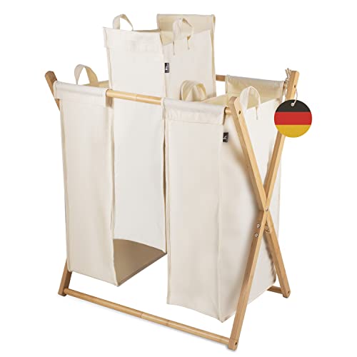 Hennez Wäschesammler XXL - Wäschekorb 3 Fächer - Wäschesortierer Wäschebox - Holz - Wäschetrenner Beige - Wäsche Sortiersystem Bambus - Wäschkorb - Laundry Basket