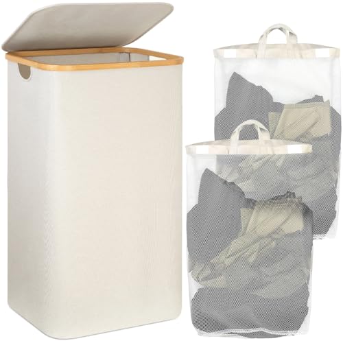 POWZOO Wäschekorb mit Deckel,110 Liter faltbare Waschekorbsammler,2 Herausnehmbarer Wäschesäcke,Wäschesort ierer Wäschetonne,Laundry Baskets für Waschküche,Kinderzimmer, Schlafzimmer,Badezimmer(W eiß)