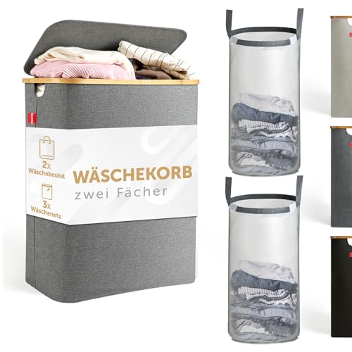 Blumtal Wäschesammler 140 L - Wäschekorb 2 Fächer mit herausnehmbaren Wäschesäcken - Pfandflaschen Aufbewahrung - laundry basket - Wäschekorb grau - Wäschekorb schmal - Wäschekorb klein