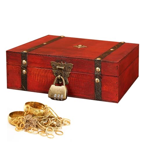 Sporgo Vintage Holz Schatztruhe Klein: 23x16x7,5cm Schatzkiste mit Zahlenschloss, Retro Kleine Holzkisten, Schatztruhe Kinder Lagerung Schmuckkästchen, Mini Holztruhe für Aufbewahrung und Dekoration