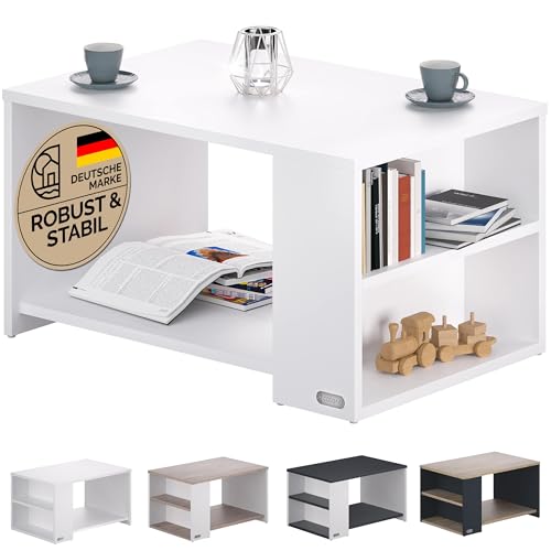 Casaria® Couchtisch Weiß Holz mit Stauraum Regal 2 Fächer 90x60x50cm Kratzfest 50kg Belastbar Eckig Ablage Beistelltisch Wohnzimmer Sofa Couch Tisch